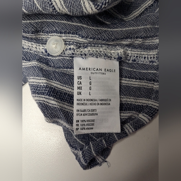American Eagle Large Button Up Front Tie Long Sleeve Blouse Navy/Gray Stripe - Picture 7 of 13